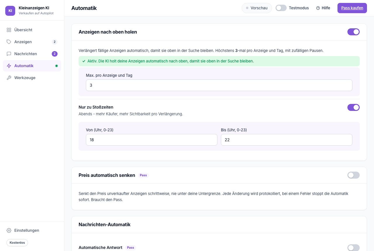 Automatik: nach oben holen und Preise senken